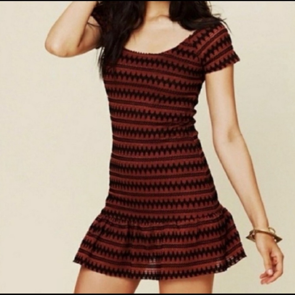 Free People Reddish Brown and Black Knit Short Sleeve Mini Trumpet Dress